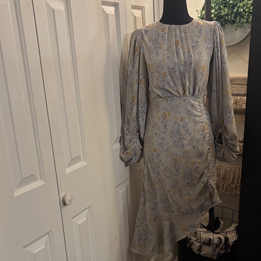 Asymmetrical Floral Midi Dress in Soft Blue